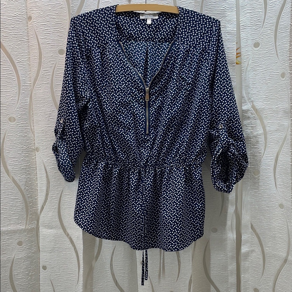 Stella Tweed Heart Print Blouse Womens L Navy Blue Excellent Half‎ Zip Peplum